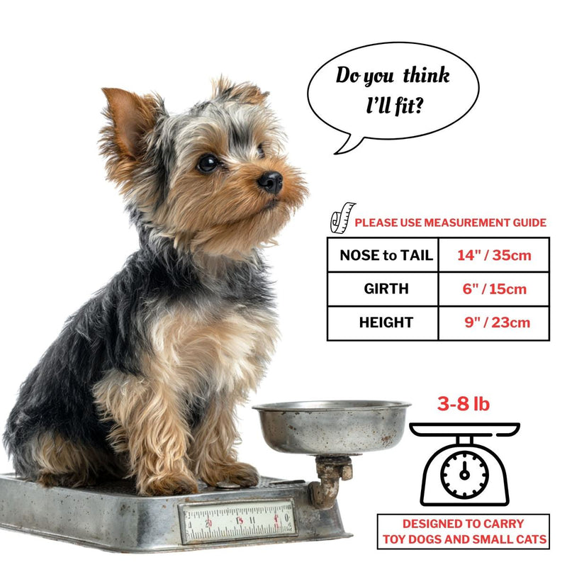 Toy dog size and fit chart showing SUSU sling measurements for 3-8 lb pups