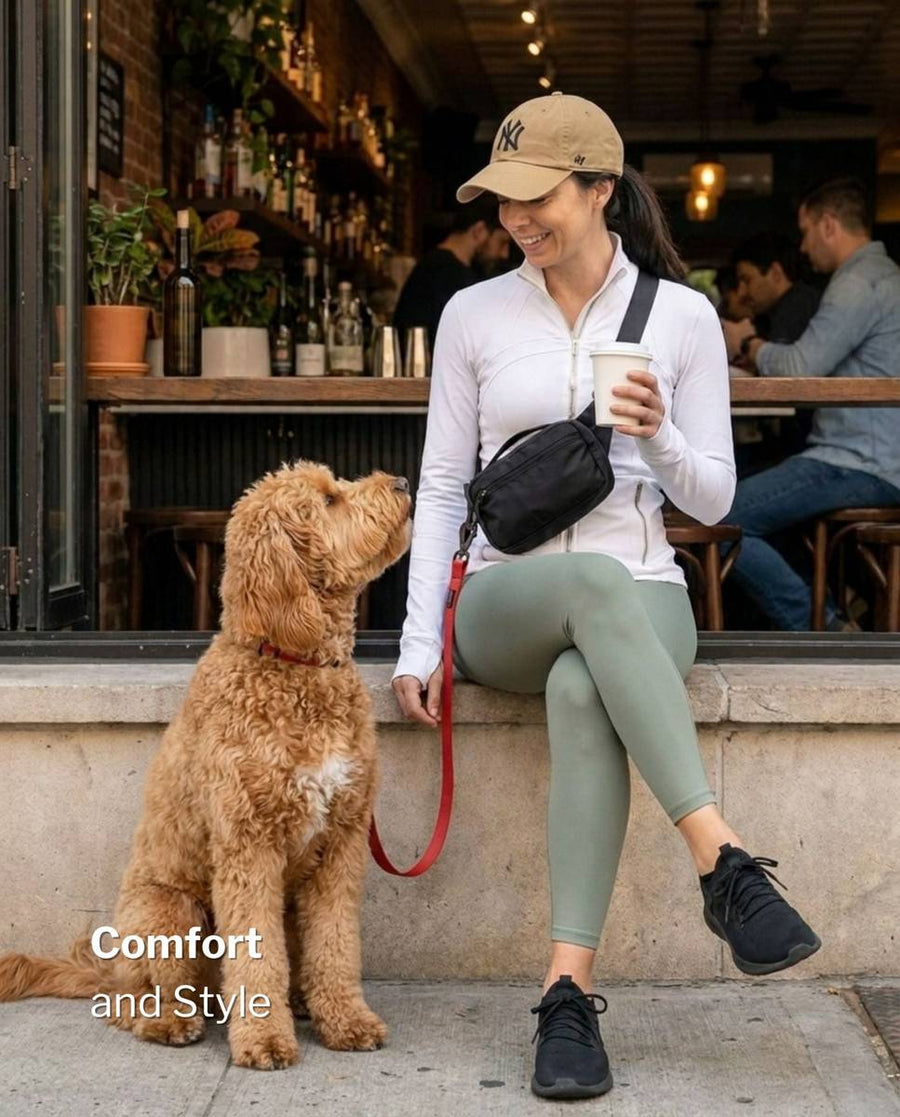 Woman sitting outside a cafe with coffee and her goldendoodle, wearing the black SUSU Grab & Go dog walking bag