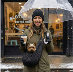 Chihuahua in black SUSU pet carrier sling for city errands and coffee shop visits