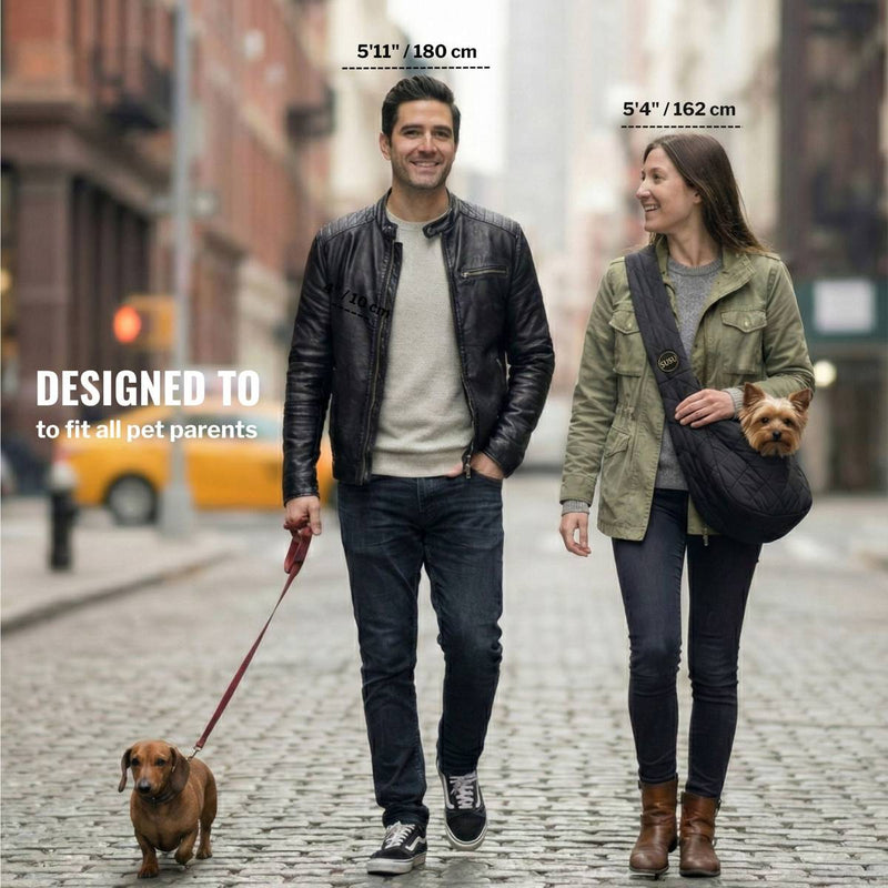 Man and woman wearing SUSU sling with small dog, height guide for pet owners 5.3 to 6 feet