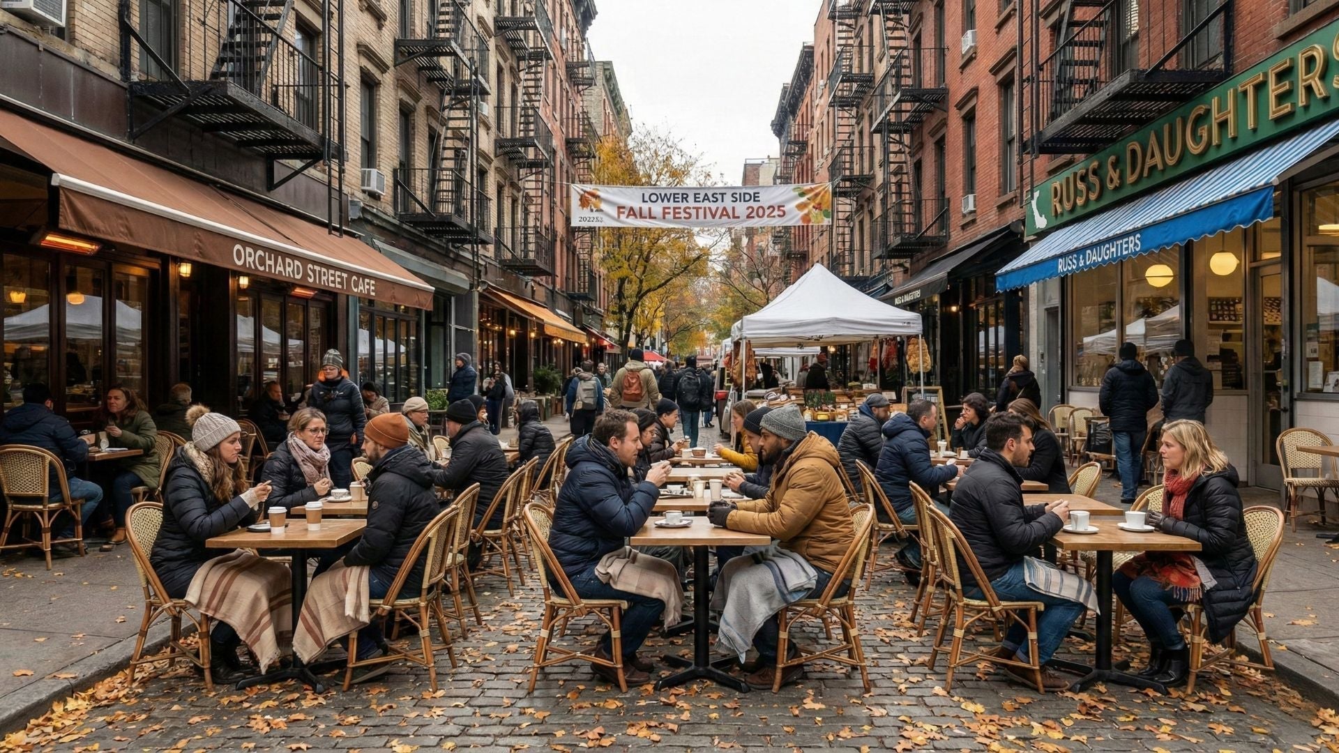 Outdoor dining on a city street during fall festival, people wearing jackets and beanies, autumn leaves on cobblestone, cafes and shops in background.