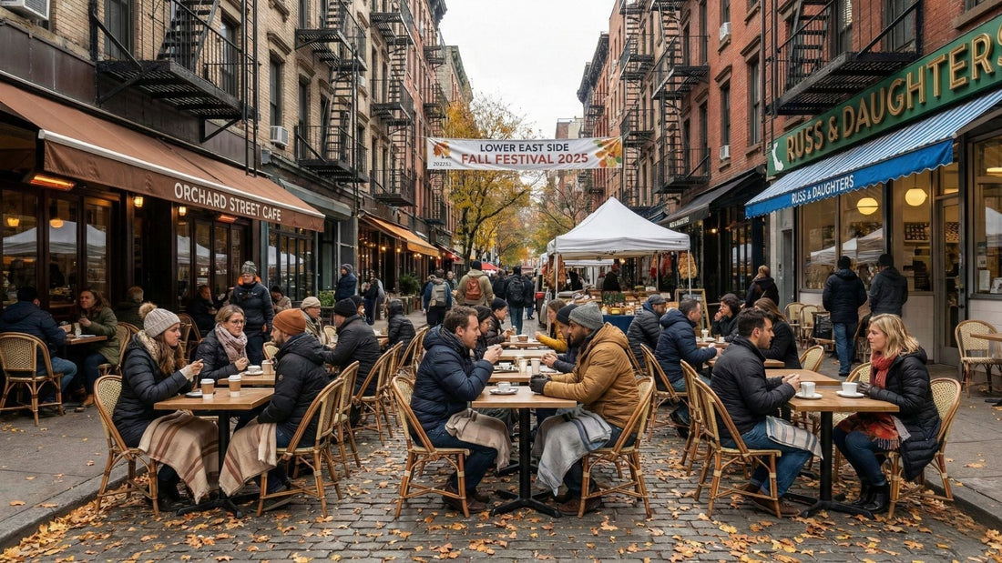 Lower East Side fall festival scene with people sitting at outdoor café tables on a cobblestone street, market stalls and a banner reading ‘Lower East Side Fall Festival 2025’ hanging overhead, with brownstone buildings and fire escapes in the background