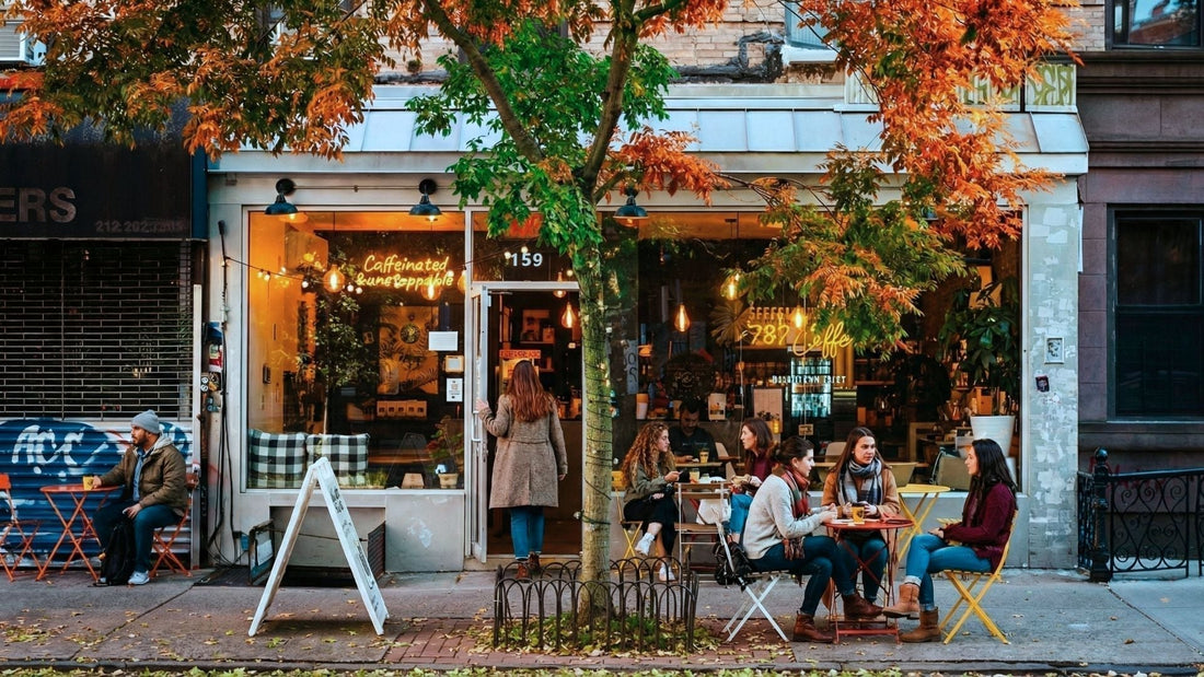 East Village street in autumn with colorful fall foliage canopy, outdoor cafe dining, and people walking along tree-lined sidewalk in New York City