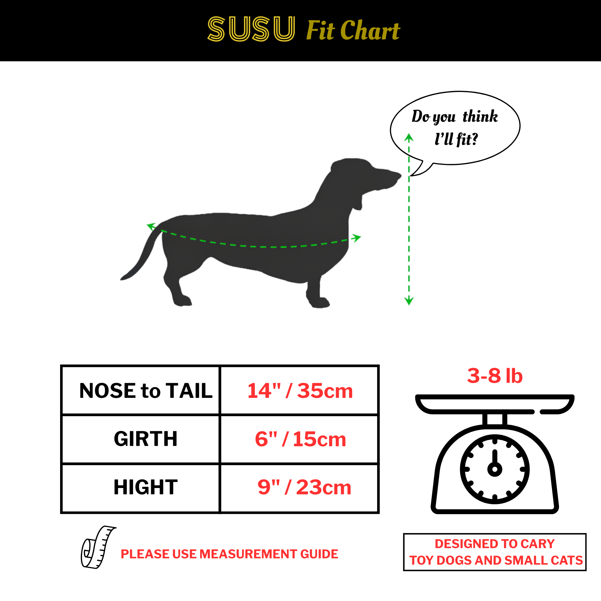 Toy dog size and fit chart showing SUSU sling measurements for 3–8 lb pups
