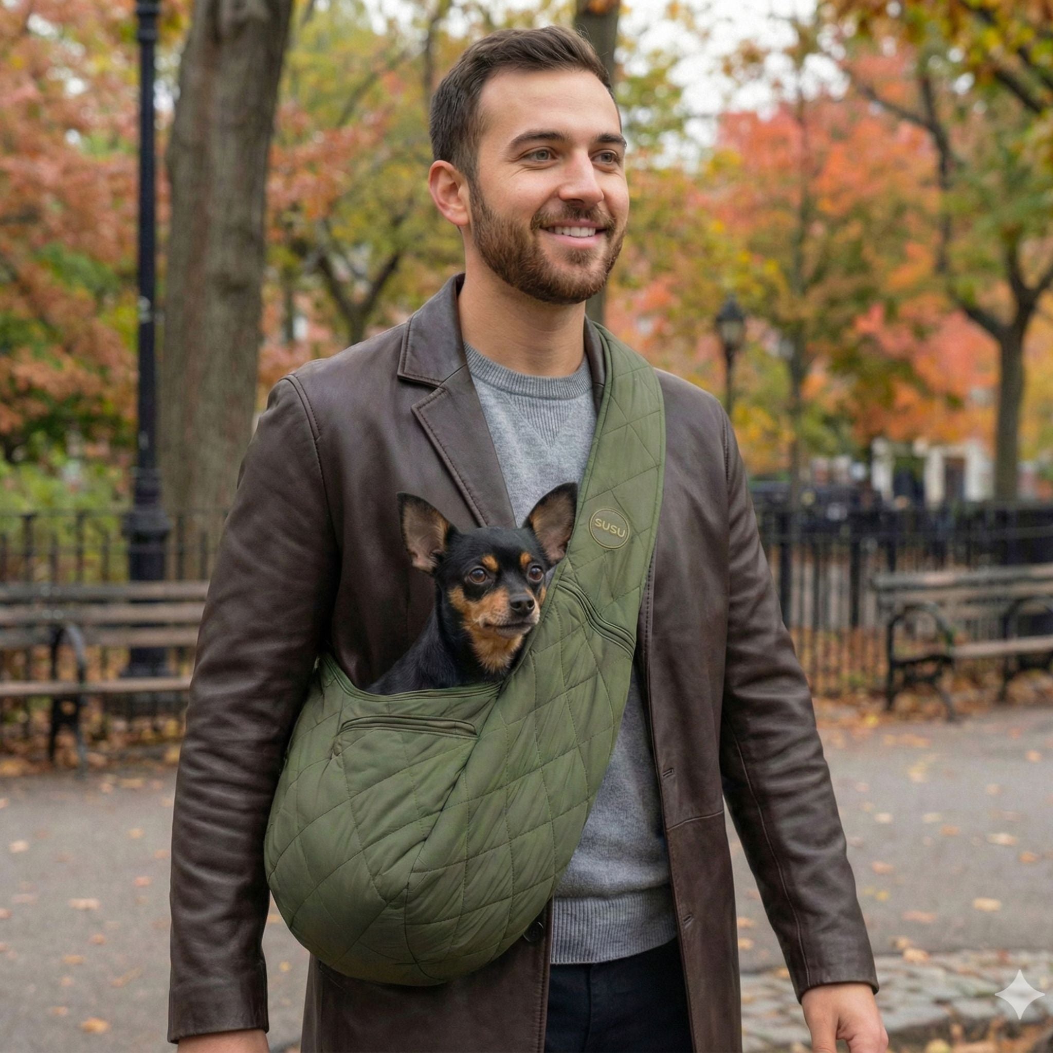 Man walking in park carrying small dog in green quilted pet carrier sling