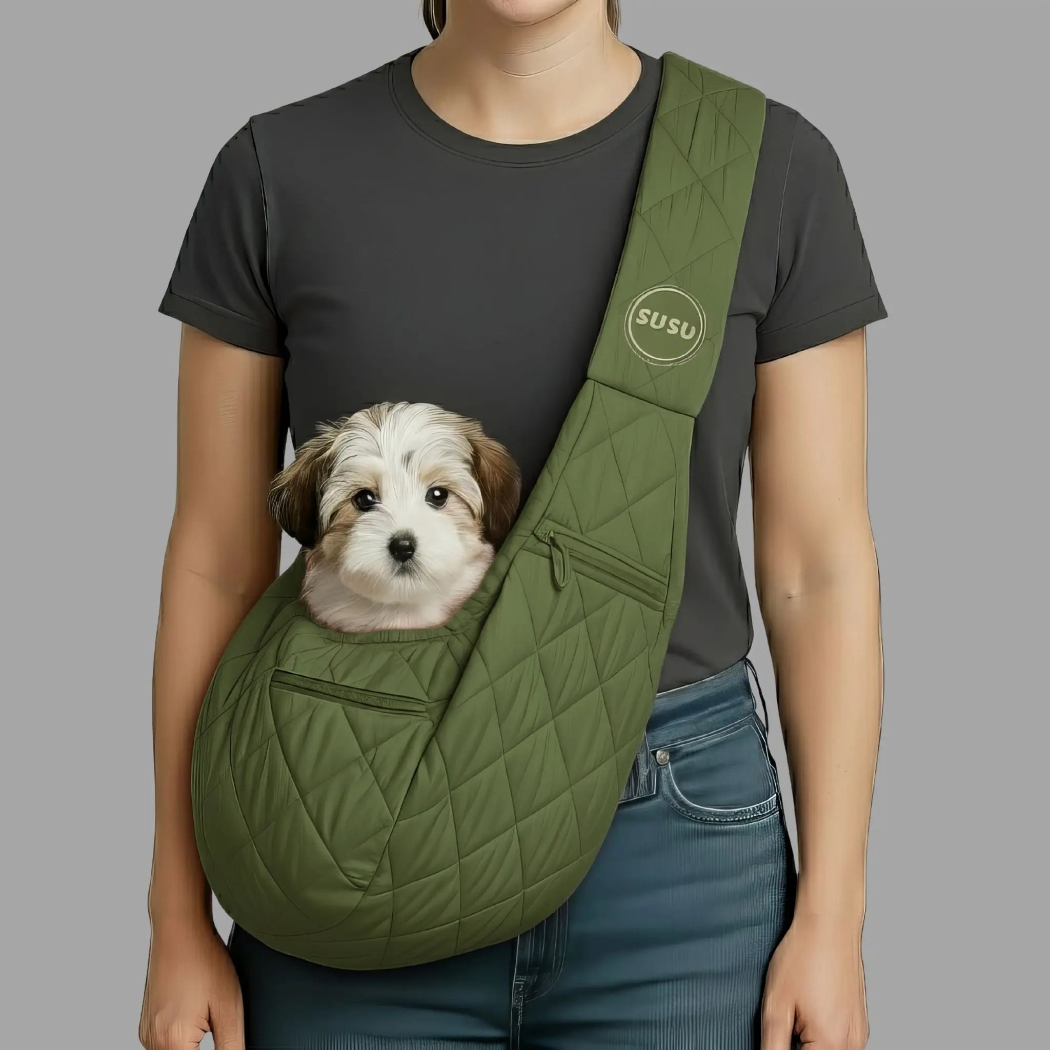 Woman walking in NYC wearing an olive green SUSU small dog carrier sling with a white pup snug in front, blurred city street and taxis behind