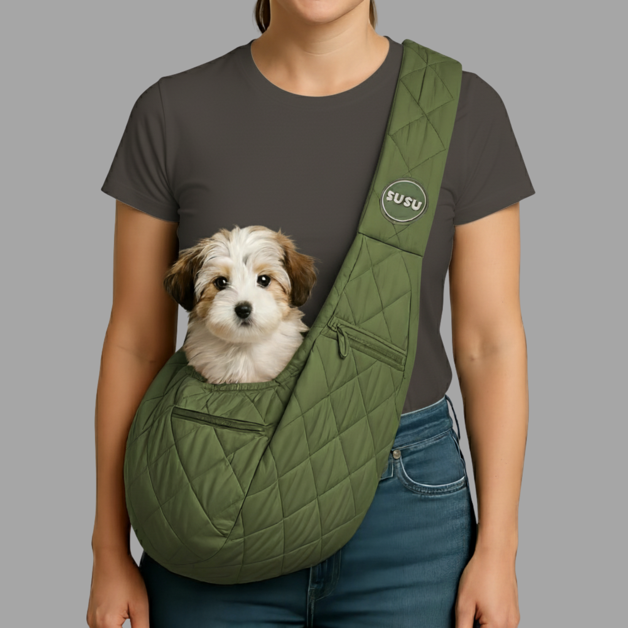 Close-up of olive green SUSU small dog carrier sling worn crossbody with a white puppy sitting comfortably inside against neutral background