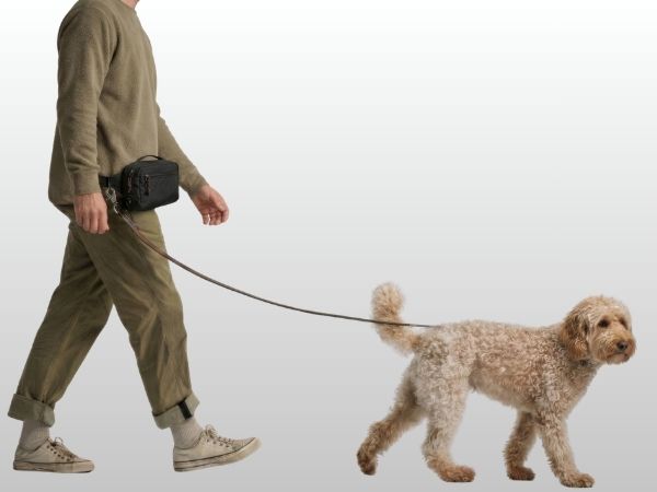 Man walking dog hands-free with SUSU Grab & Go waist pack — leash clips to D-ring