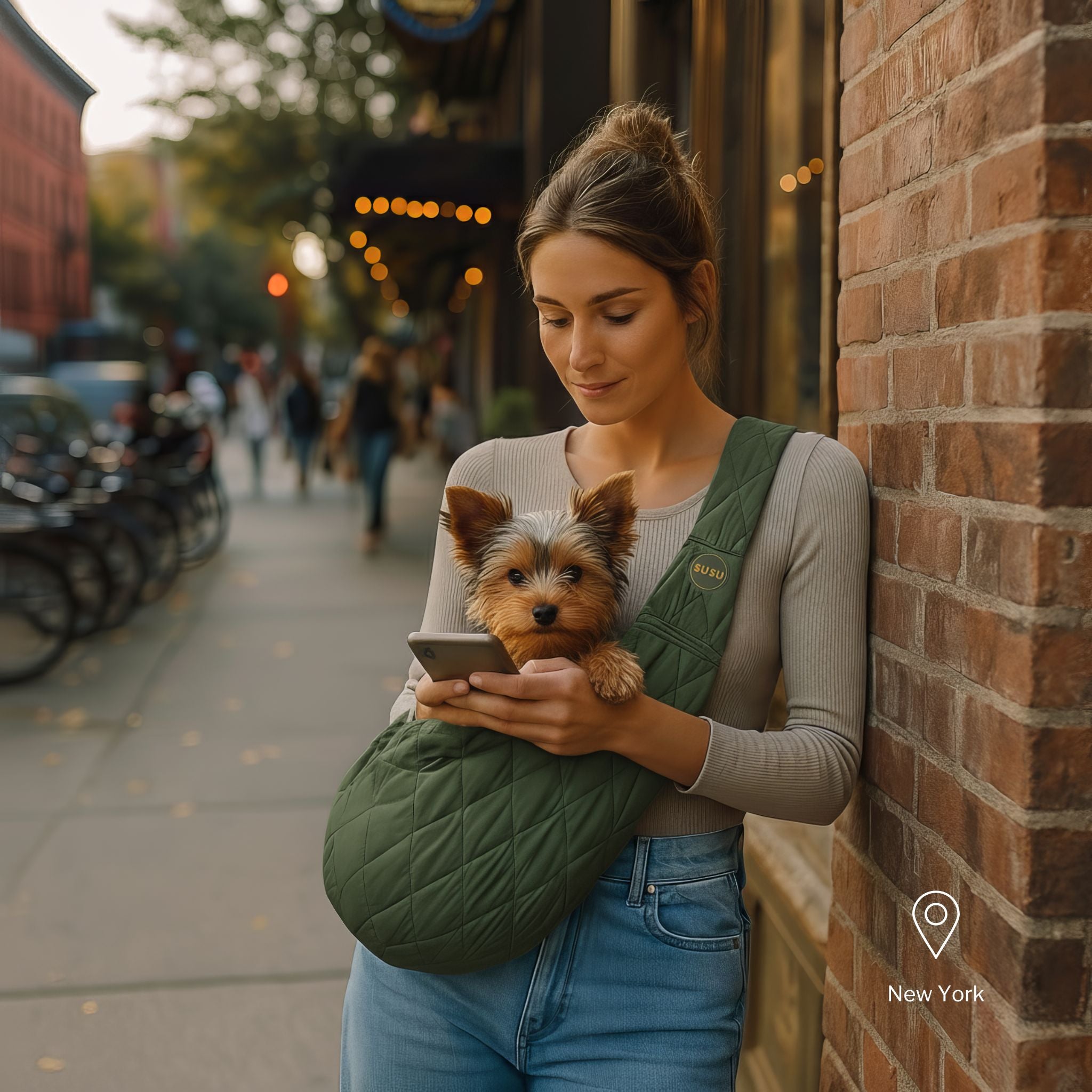 Smiling woman walking down a busy New York street carrying a small Yorkie in an olive green SUSU quilted pet carrier sling bag.