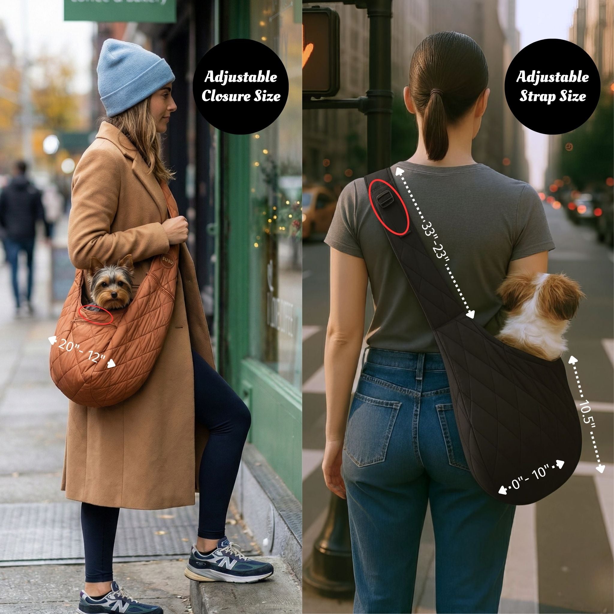 Front and back view of woman wearing SUSU sling with arrows showing strap and pouch measurements