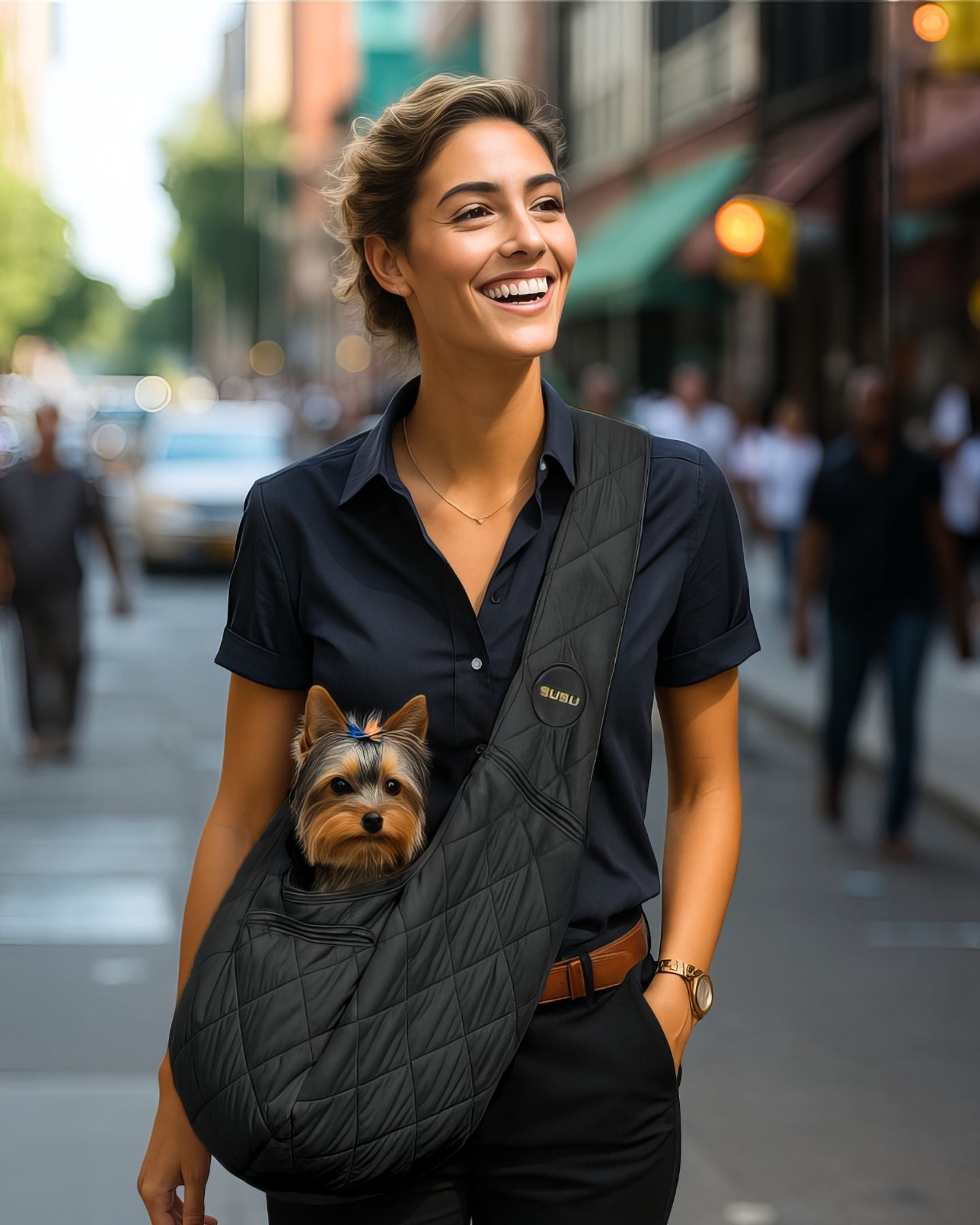 Young couple walking in a busy city street, carrying a small dog in a black SUSU sling bag across the woman's chest