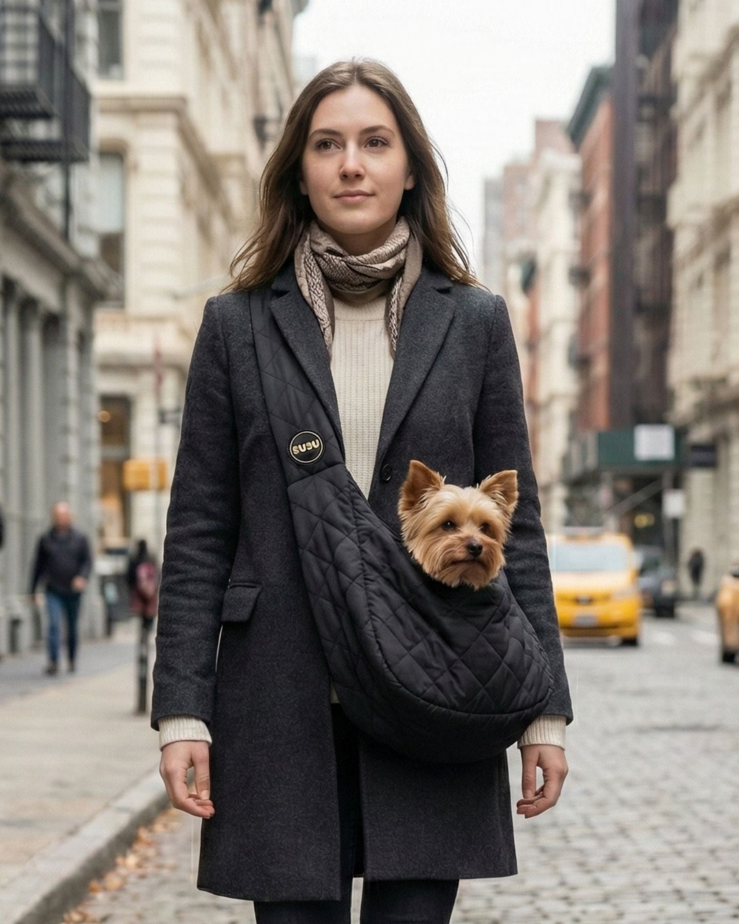 Woman walking in NYC wearing a black SUSU pet carrier sling, carrying a small Yorkie hands-free on a city street