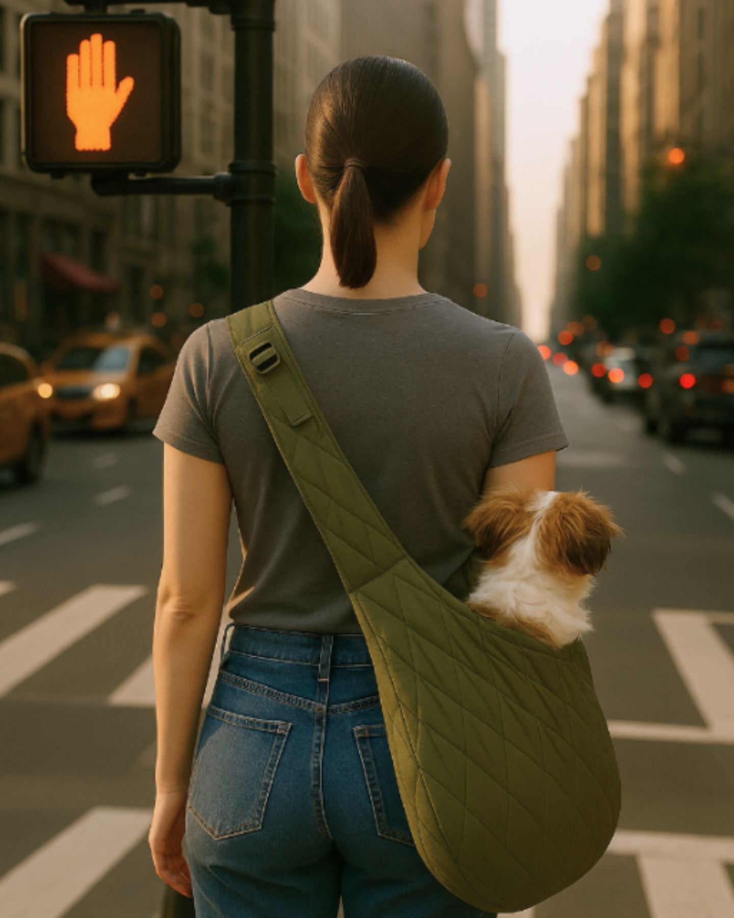 Side and back view of a woman wearing the SUSU Sling small dog carrier, showing pouch depth, opening width and adjustable strap length.