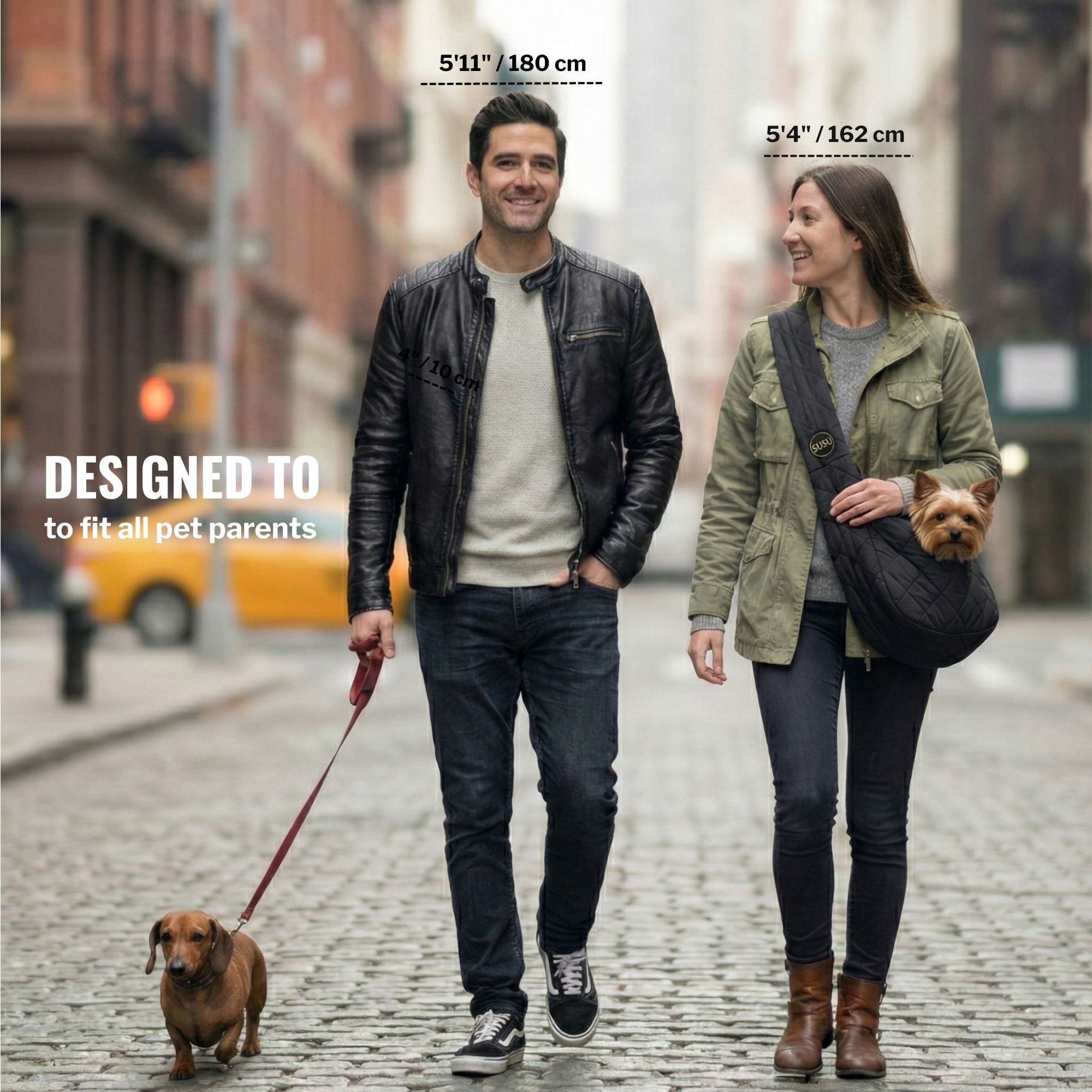 Man and woman wearing SUSU sling with small dog, height guide for pet owners 5.3 to 6 feet