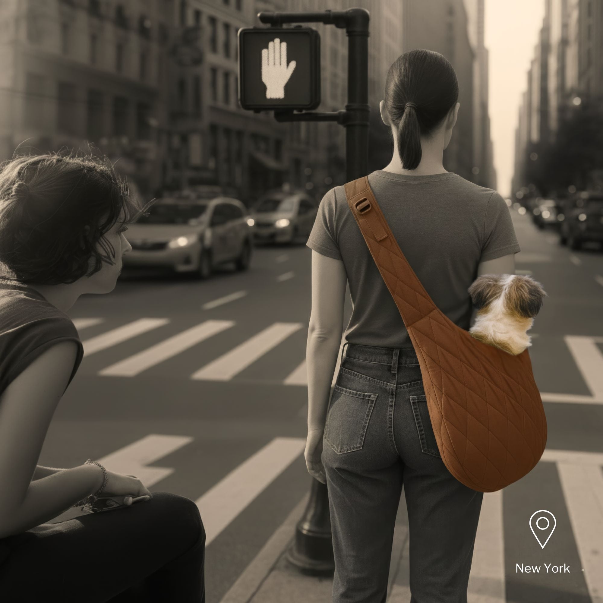 Tattooed man standing at a New York crosswalk with a small white dog sitting comfortably in a black SUSU pet carrier sling, yellow taxis in the background.