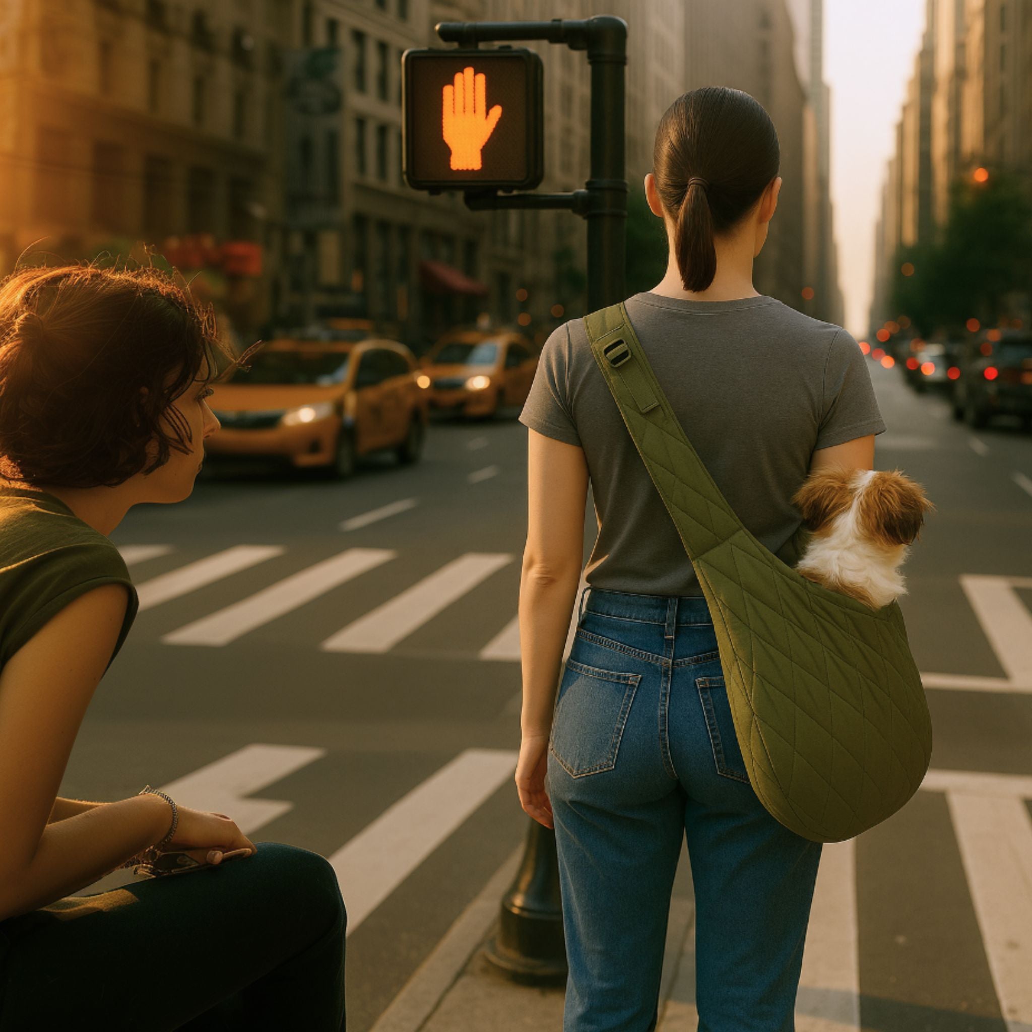 Back view of woman crossing city street wearing SUSU sling with small dog, friend looking on