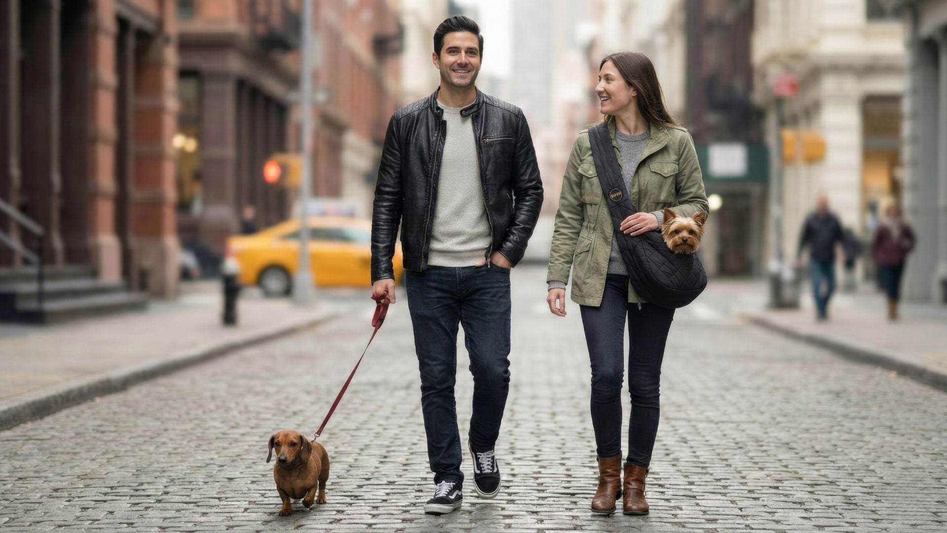 Couple walking in NYC; woman wears a black SUSU small dog sling carrier with a Yorkie, while a dachshund walks on leash.