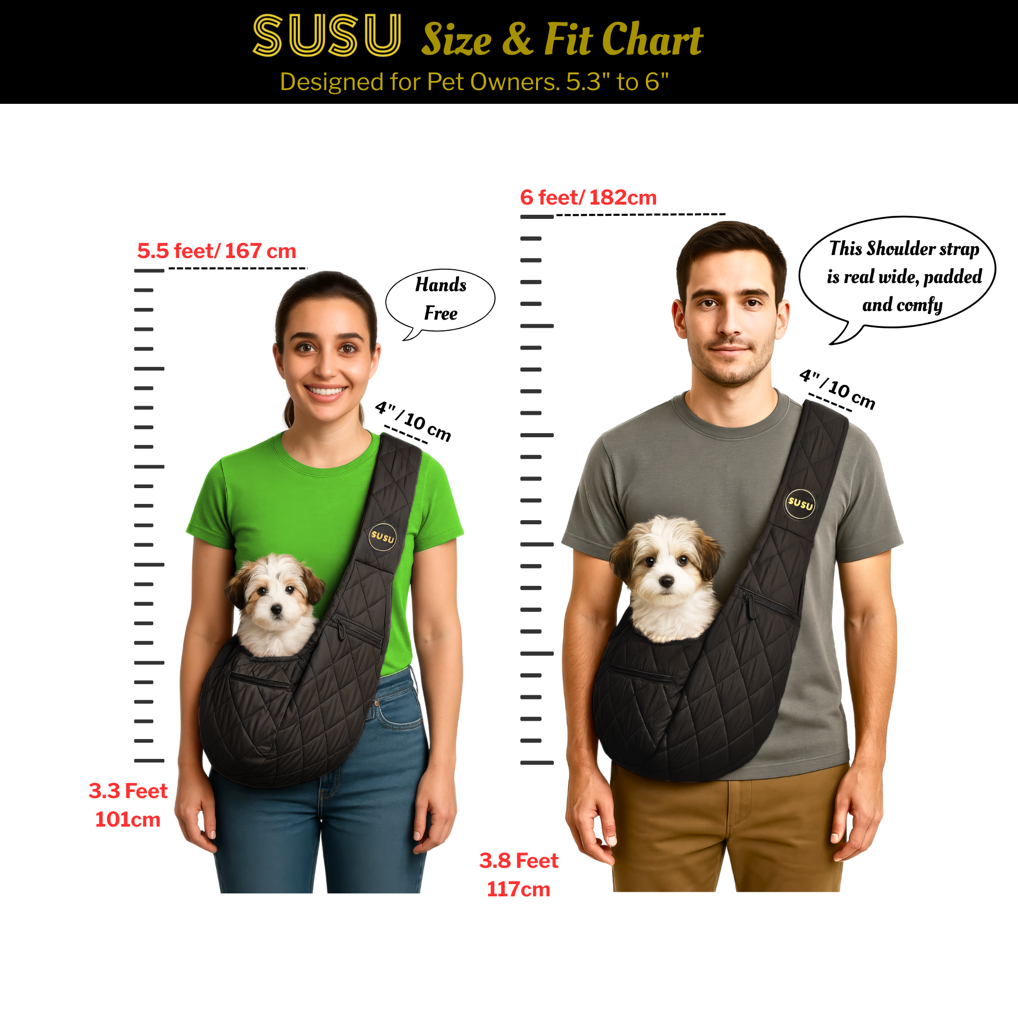 Man and woman wearing SUSU sling with small dog, height guide for pet owners 5.3 to 6 feet