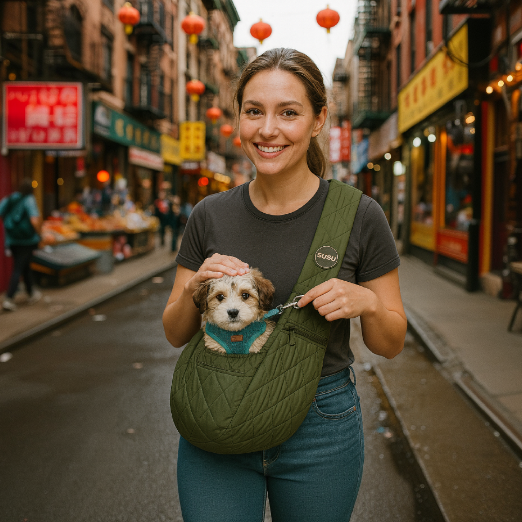 Woman walking across the Brooklyn Bridge wearing the SUSU Sling with a small dog riding comfortably in the pouch