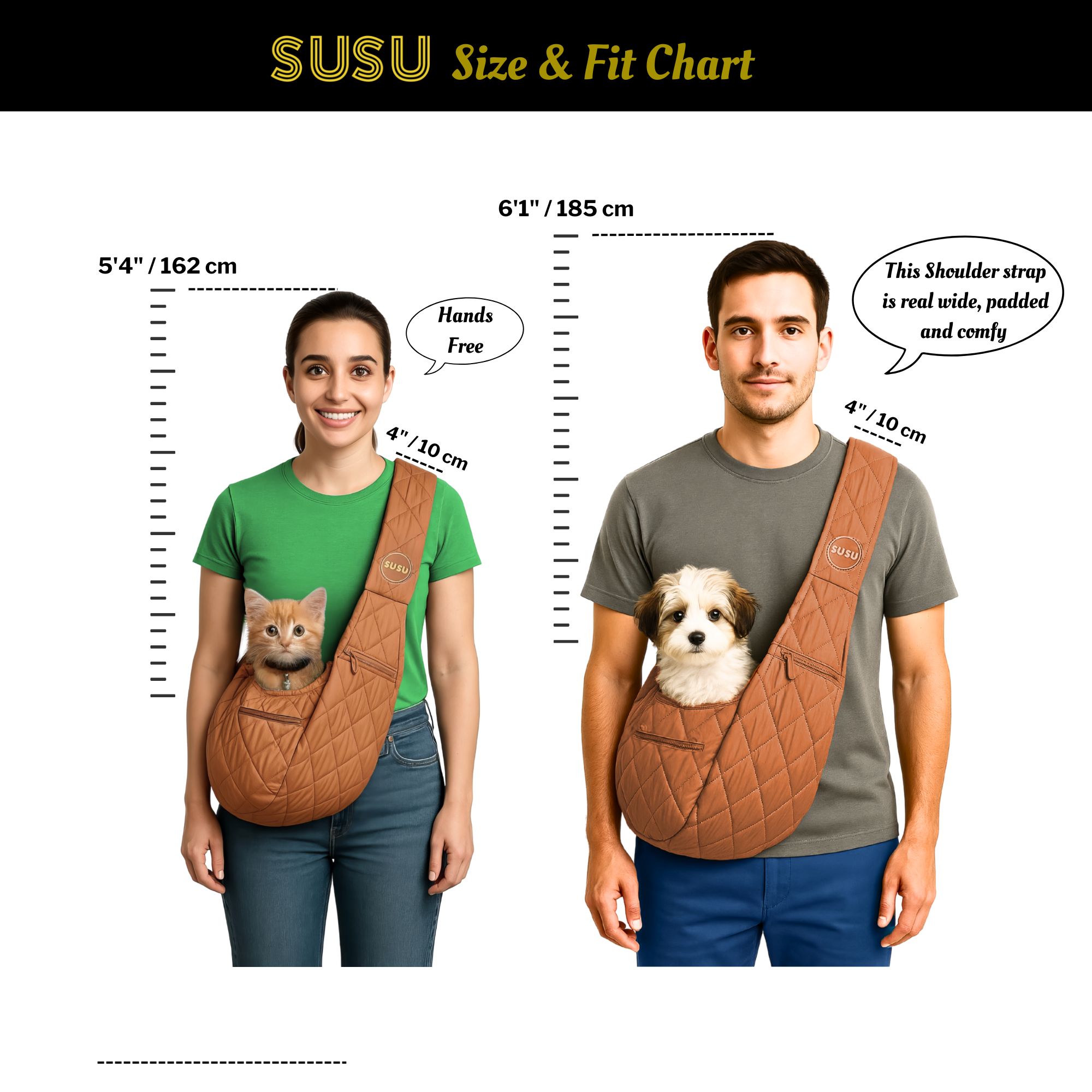 Man and woman wearing SUSU sling with small dog, height guide for pet owners 5.3 to 6 feet