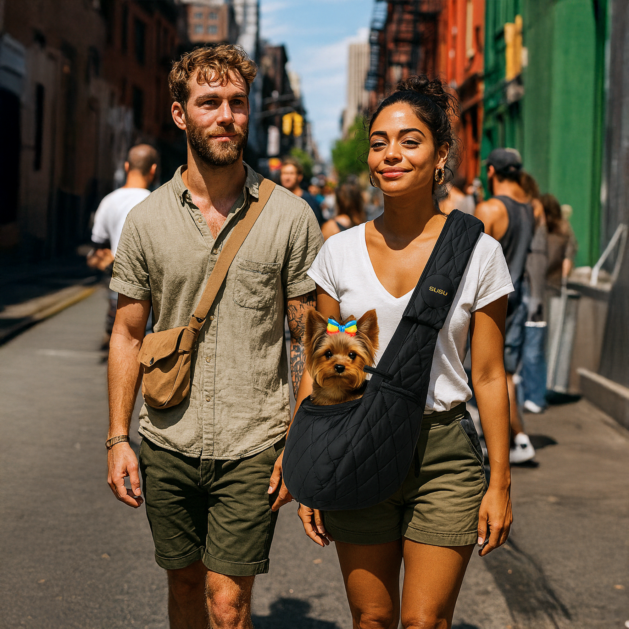 Young couple walking in a busy city street, carrying a small dog in a black SUSU sling bag across the woman's chest