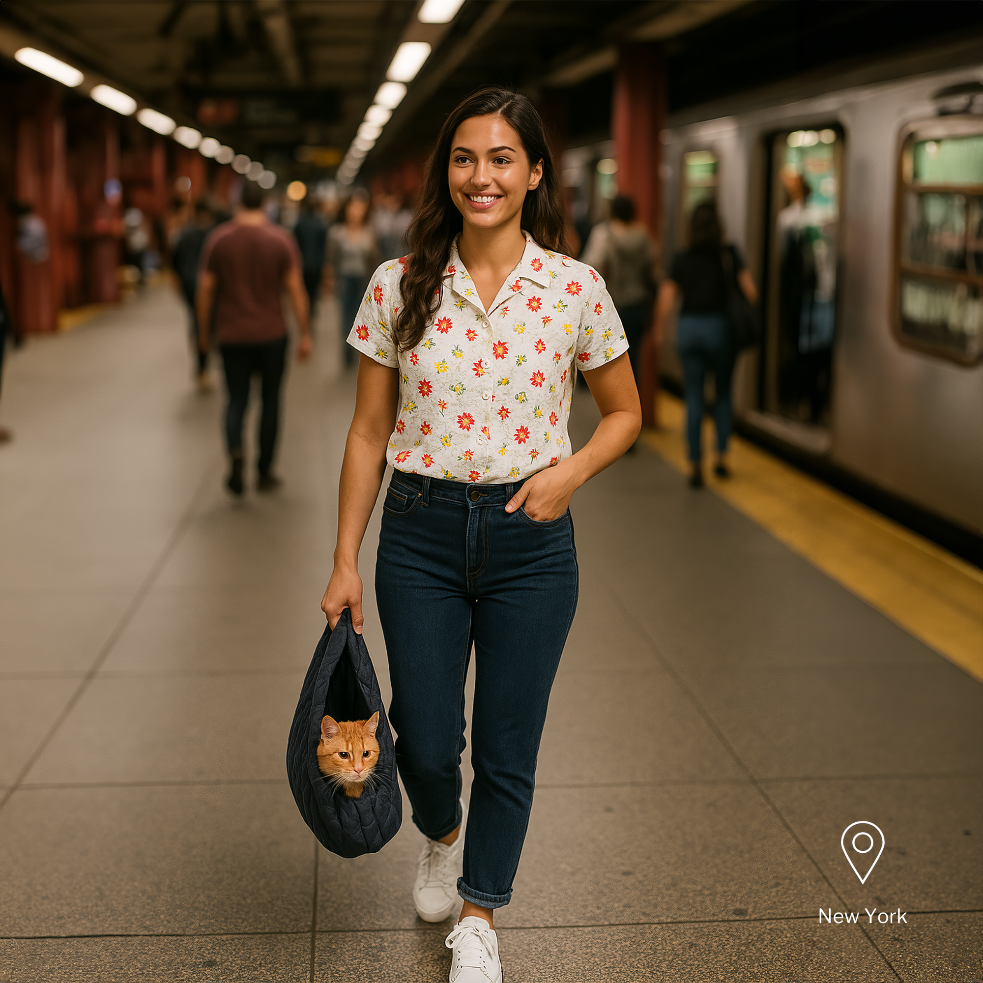 Young woman smiling on a New York subway platform carrying a tiny dog in a navy SUSU pet sling bag, with train and commuters in the background.