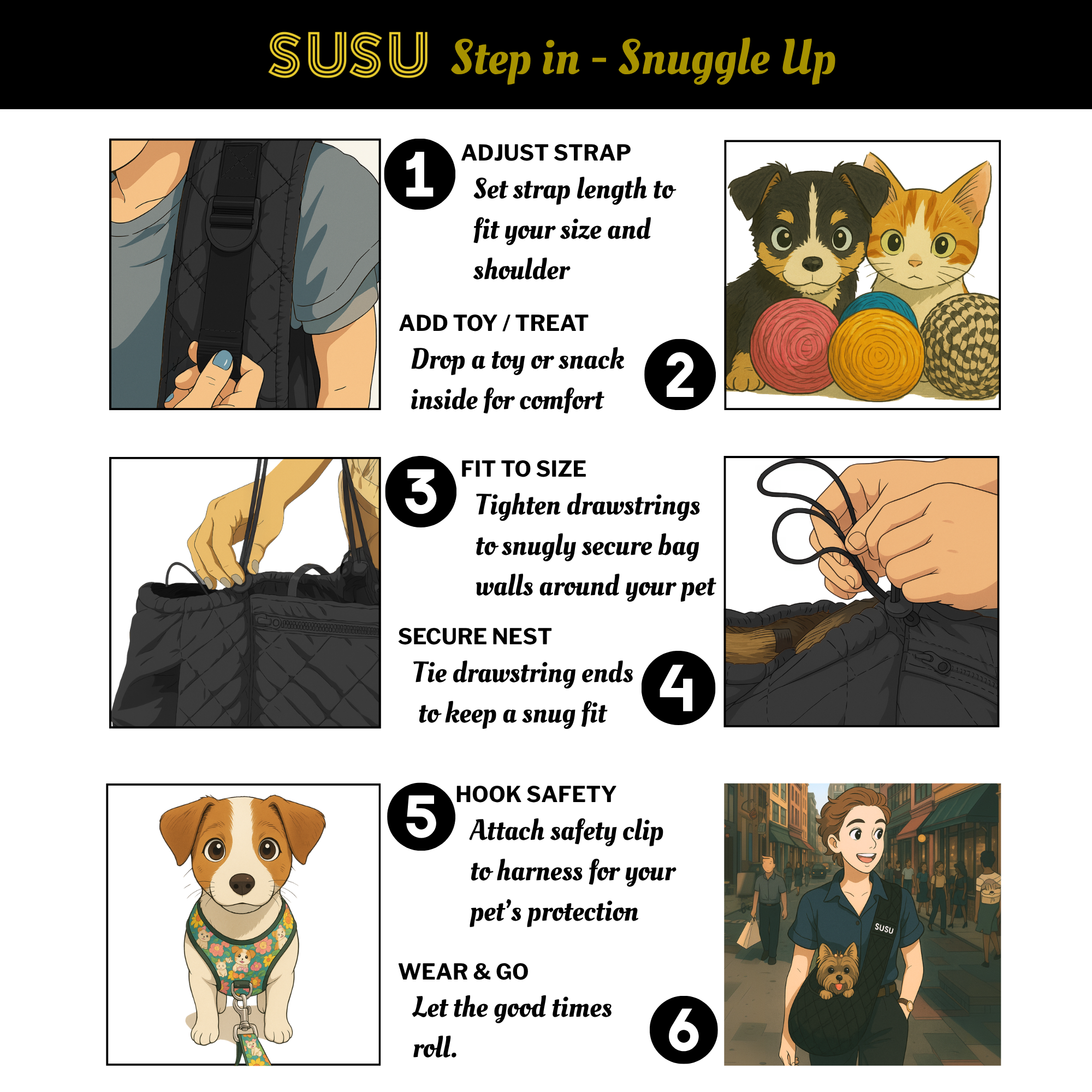Six step illustrated guide showing how to use the SUSU sling and secure a small dog inside
