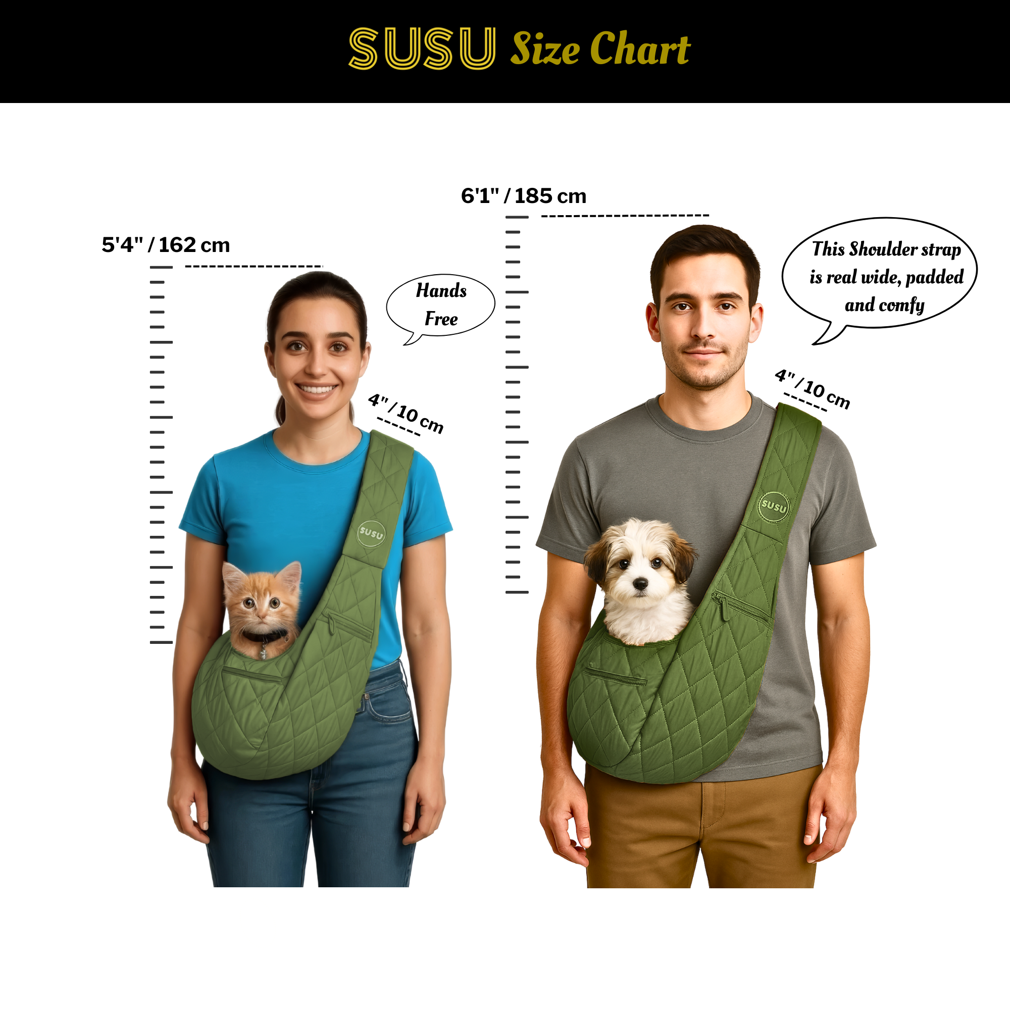 Man and woman wearing SUSU sling with small dog, height guide for pet owners 5.3 to 6 feet