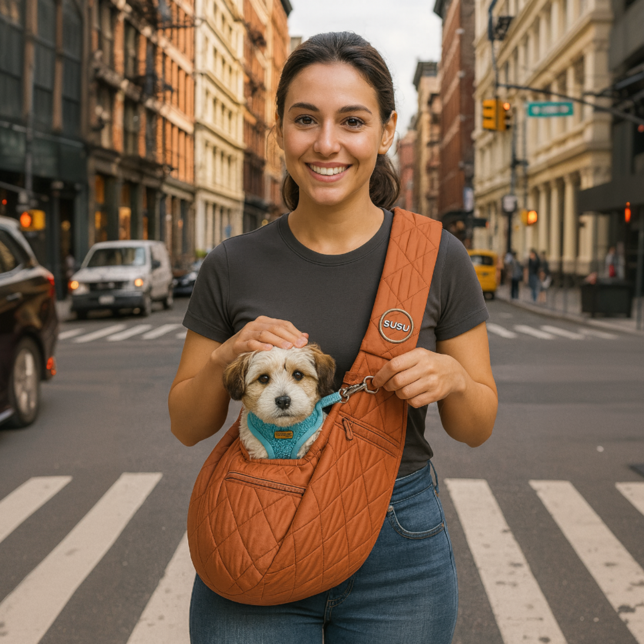 Woman walking across the Brooklyn Bridge wearing the SUSU Sling with a small dog riding comfortably in the pouch