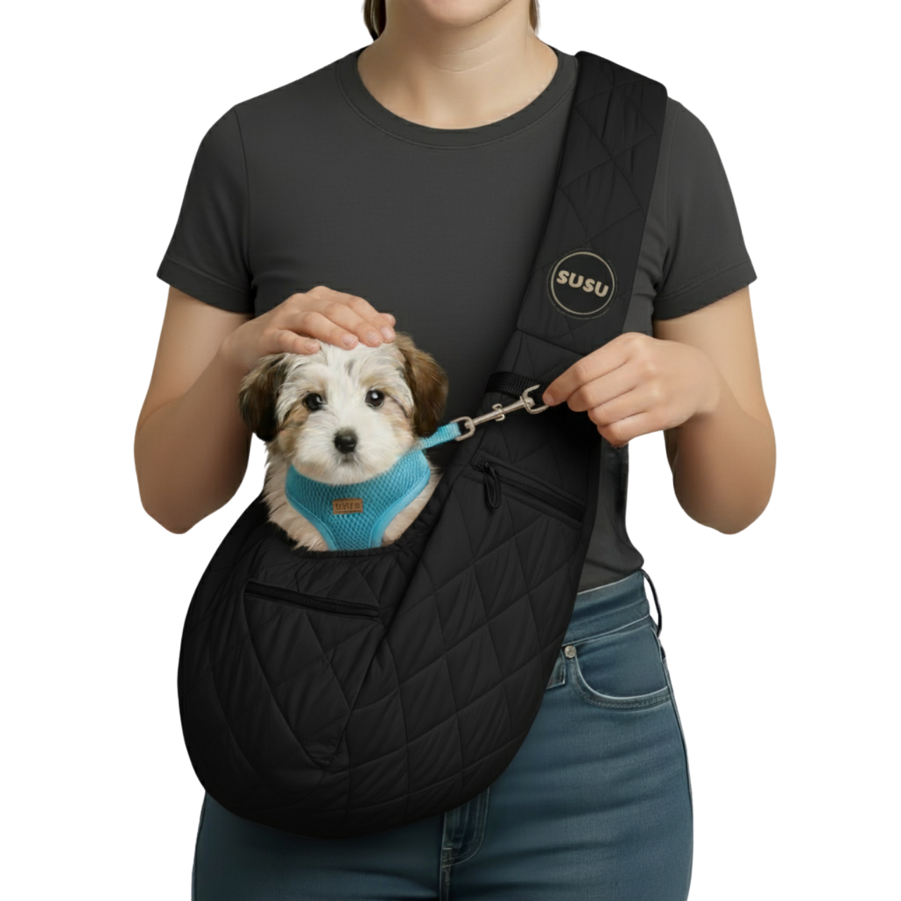 Woman wearing the SUSU Sling with a small dog inside, clipped to the built-in safety tether