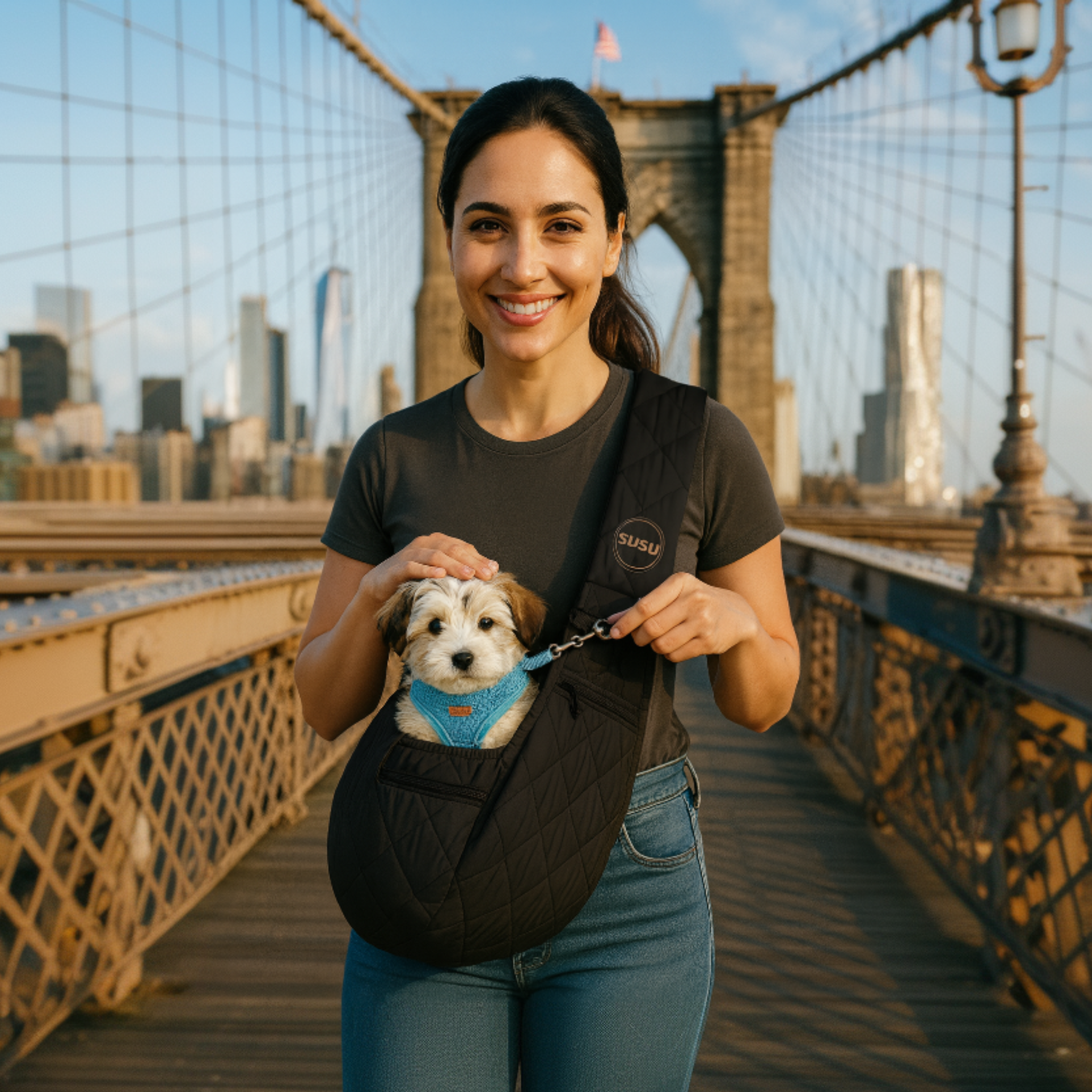 Woman walking across the Brooklyn Bridge wearing the SUSU Sling with a small dog riding comfortably in the pouch