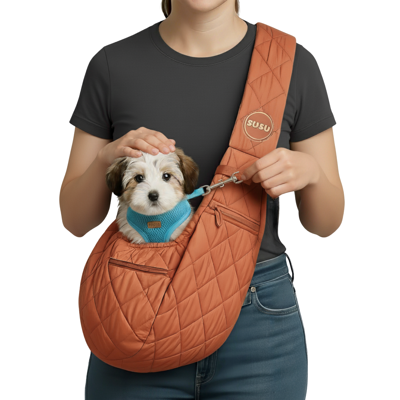 Woman wearing the SUSU Sling with a small dog inside, clipped to the built-in safety tether