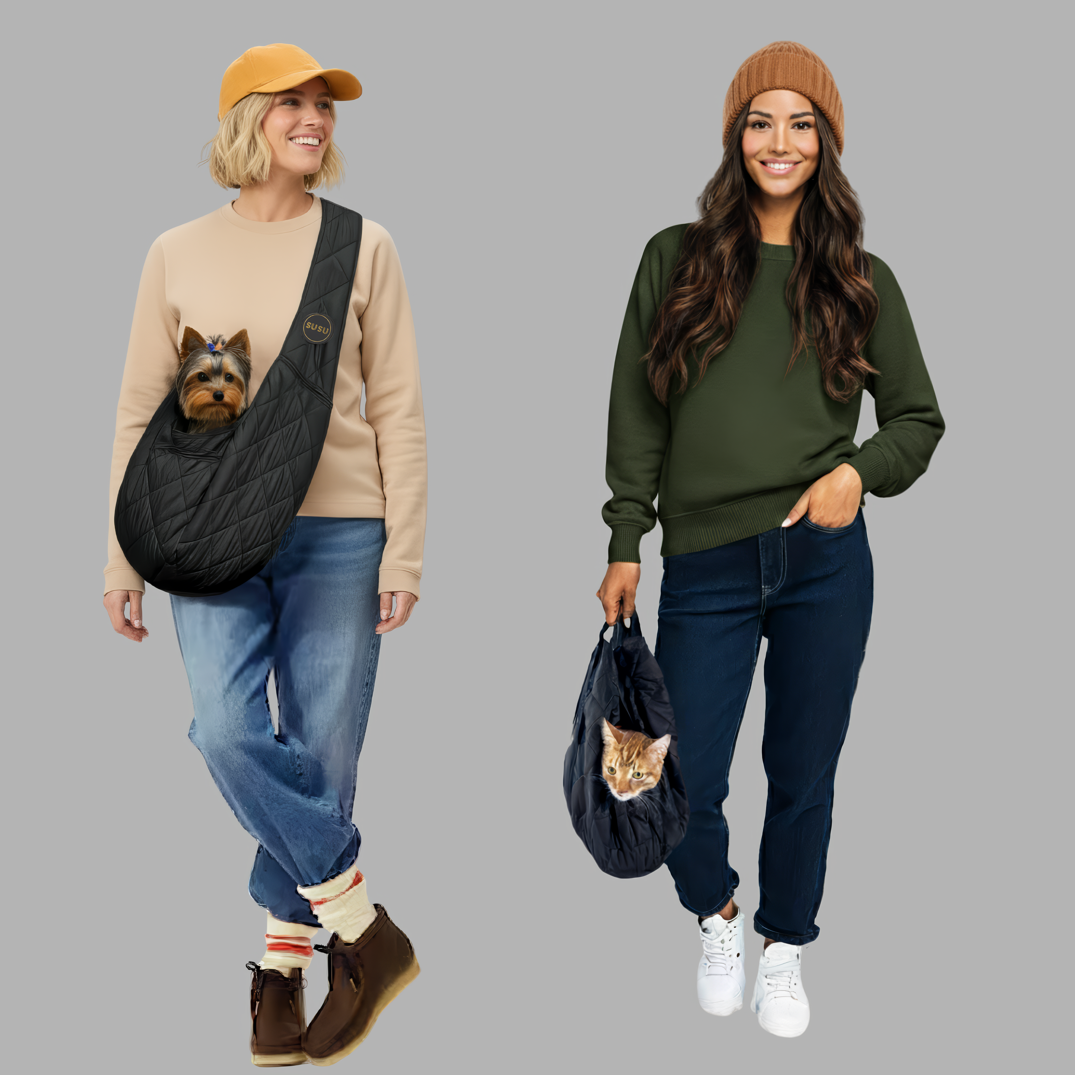 Two women in casual fall outfits carrying a Yorkie in a black SUSU sling bag and a cat in a black carrier tote against a grey studio background