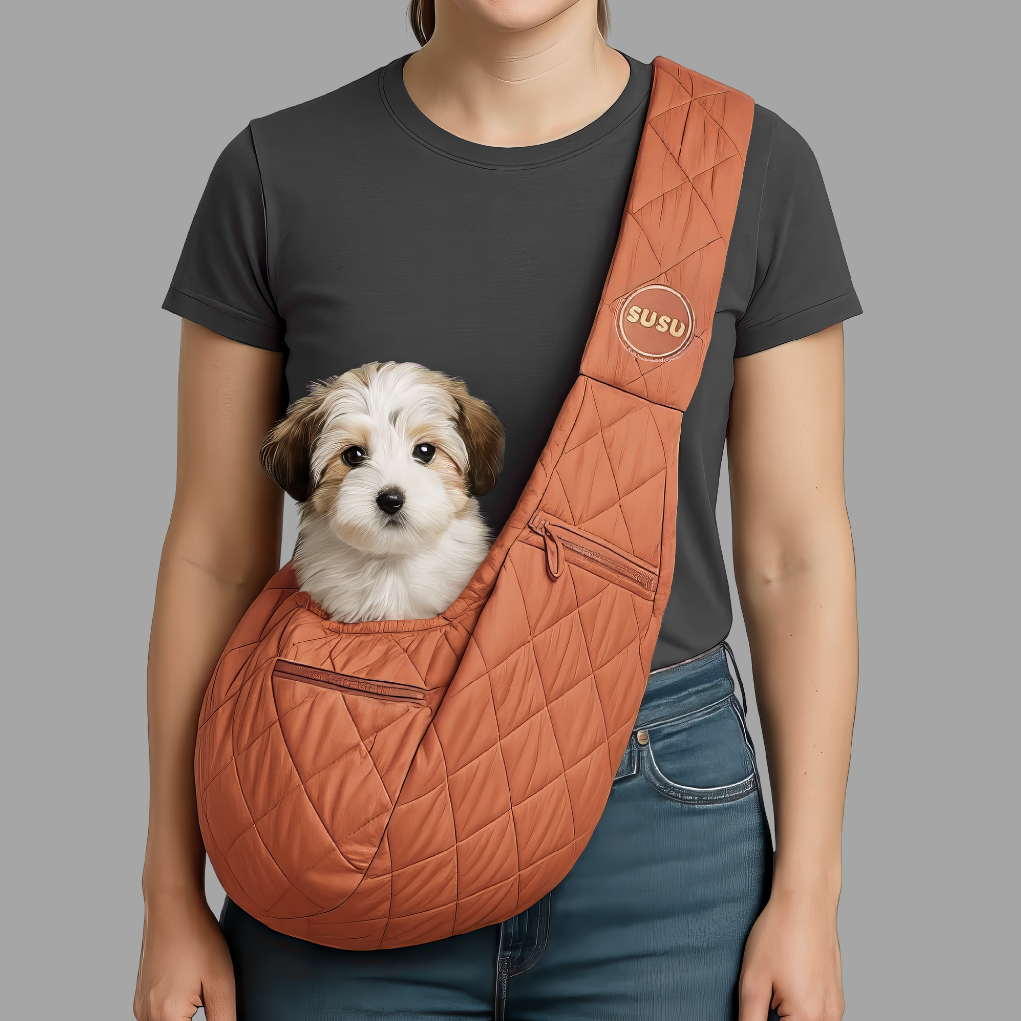 Close-up of copper brown SUSU small dog carrier sling worn crossbody with a white puppy sitting comfortably inside against neutral background