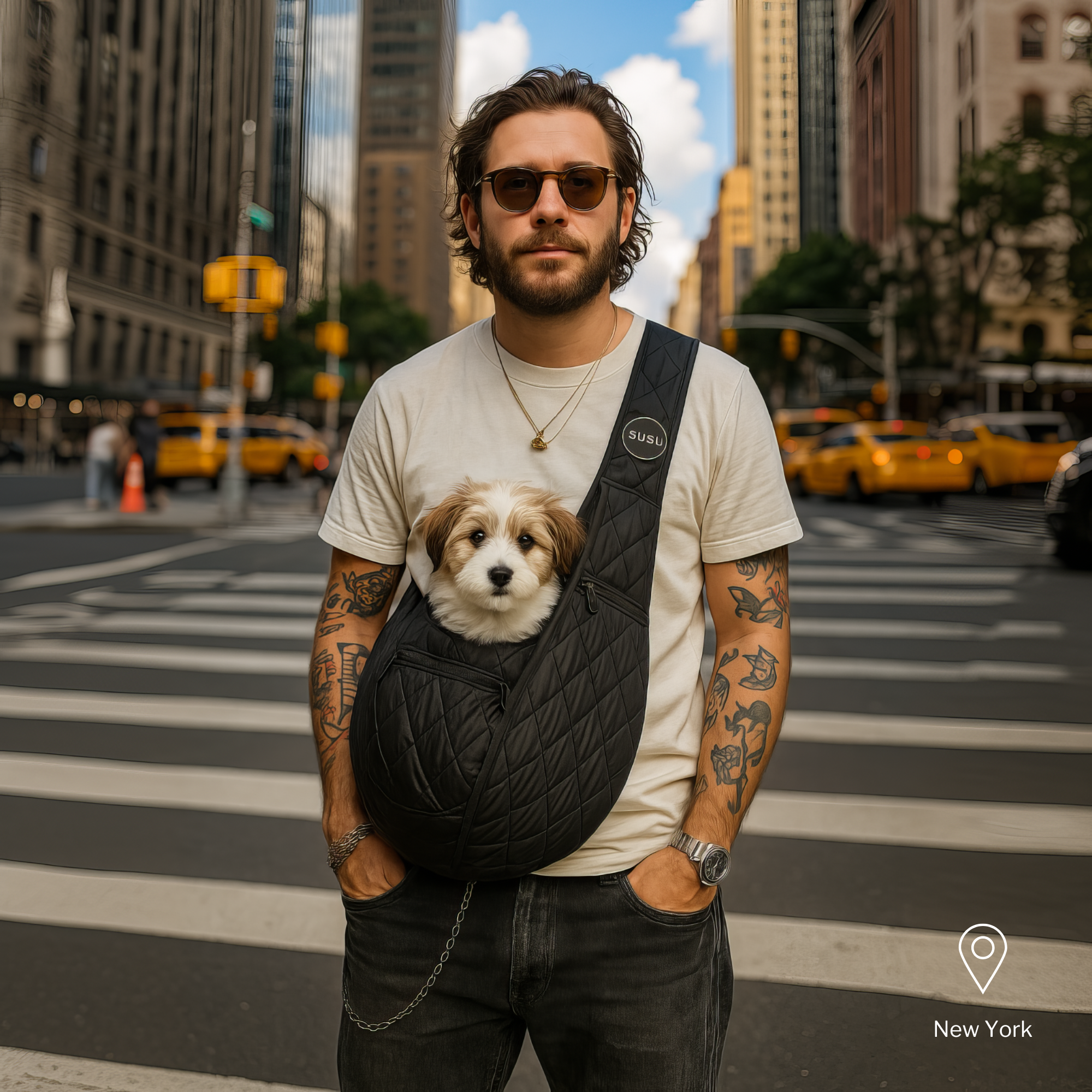 Tattooed man standing at a New York crosswalk with a small white dog sitting comfortably in a black SUSU pet carrier sling, yellow taxis in the background.