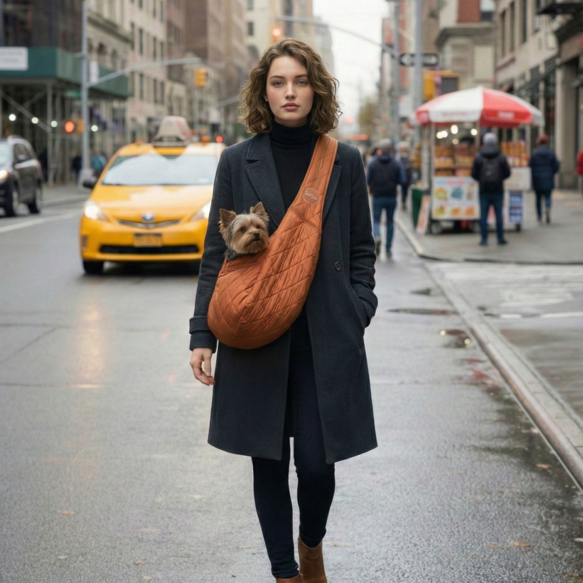 Woman walking in city with small dog in quilted pet carrier sling, urban street background